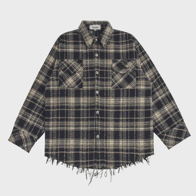 Мужская модная красная клетчатая куртка-рубашка с необработанным краем - в стиле американского ретро-хип-хопа со свободным кроем и карманом