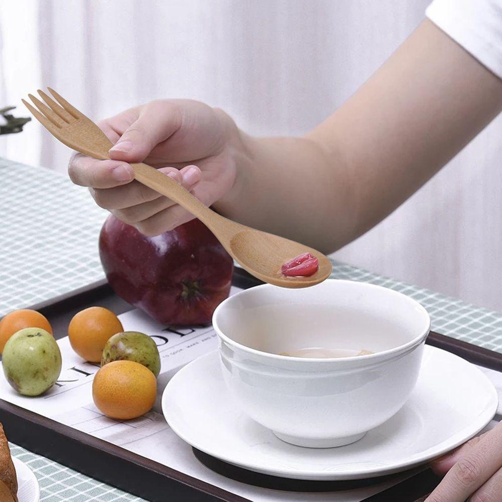 1PC 2 in1 Dual Head Soup Spoon Fork Natural Wood Cutlery  Dinner Tableware Set DIY Home Kitchen Accessories Flatware