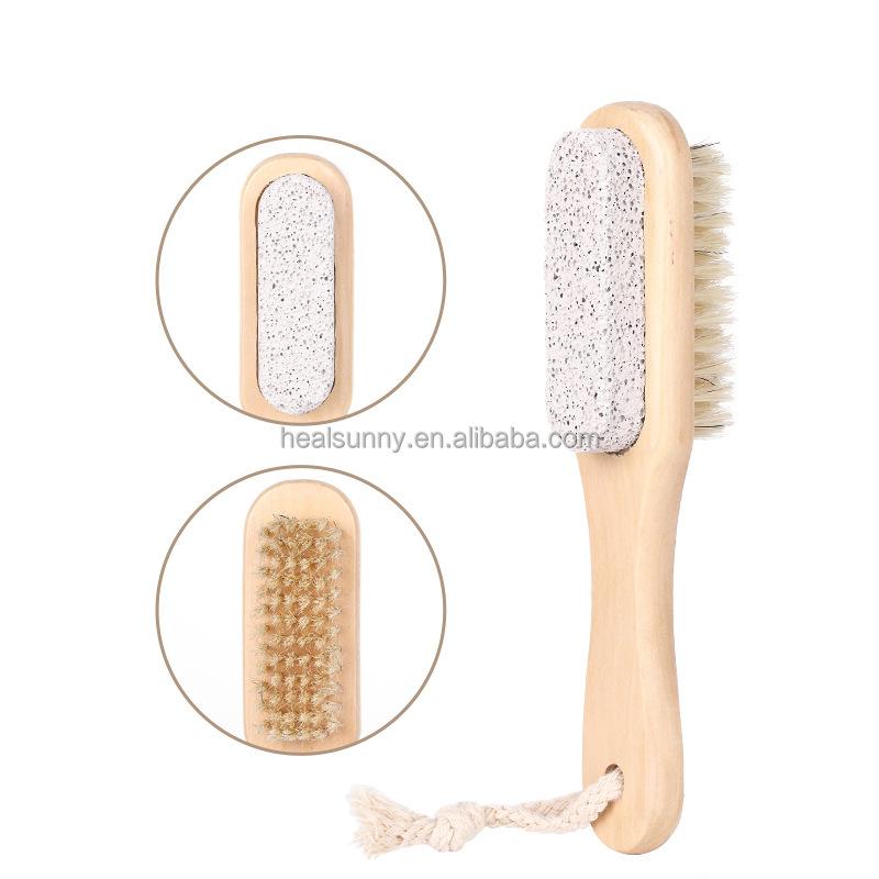 2 in 1 Double-sided Foot Care Scrub with Wooden Handle Foot File and Pumice Stone Cleaning Brush Nail Dusting Brush