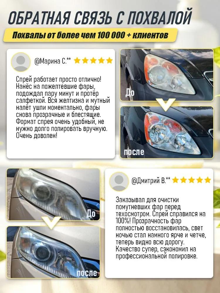 Multifunctional spray for restoring car headlights, removes scratches, removes yellowing, returns brightness, restores and cleans, eliminates cloudin
