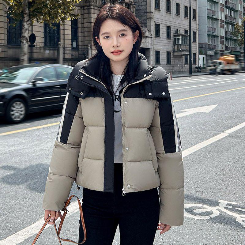 Модное короткое хлопковое пальто в стиле колор-блок для женщин, с капюшоном, свободного кроя, зимняя корейская куртка, толстая верхняя одежда