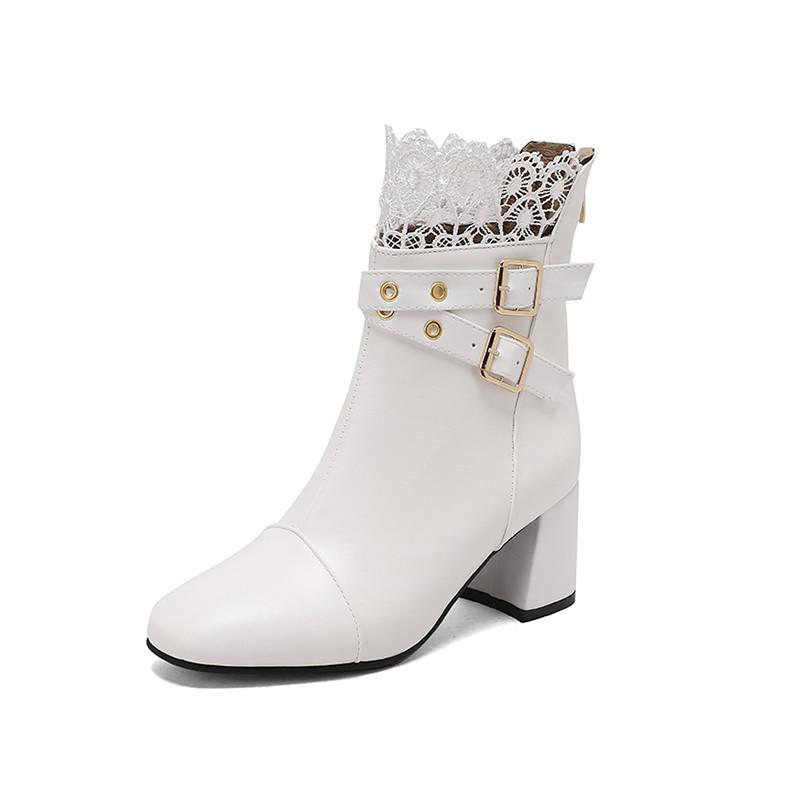 Pink Red White Gilrs Sweet Wedding Shoes Women Round Toe Belt Buckle High Heels Zipper Lady Party Ankle Booties Large Size 47 48