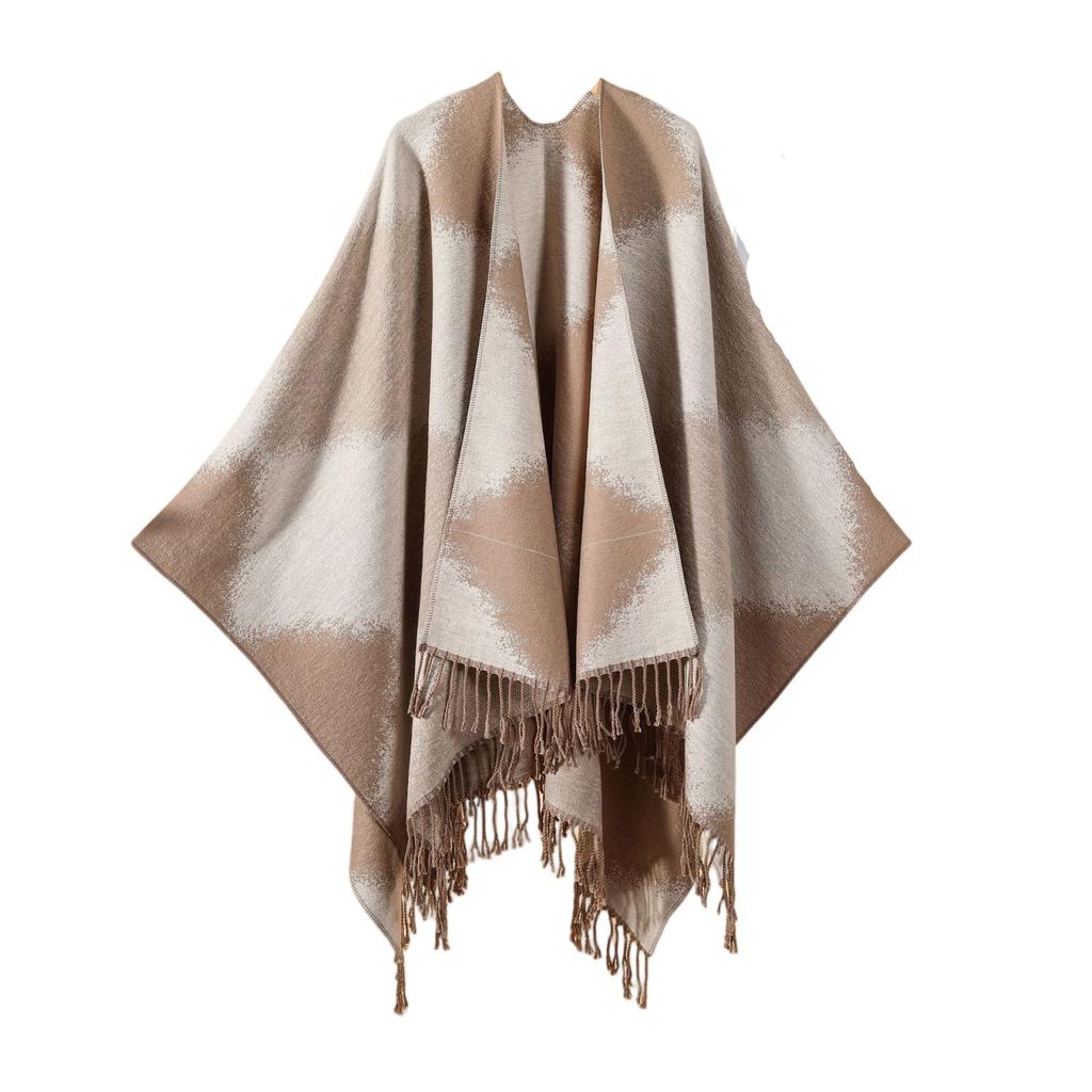 Ladies' Fashionable Single-color Fringed Slit Shawl, Double-sided Three-dimensional Wavy Warm Imitation Cashmere Scarf, Cloak Cardigan