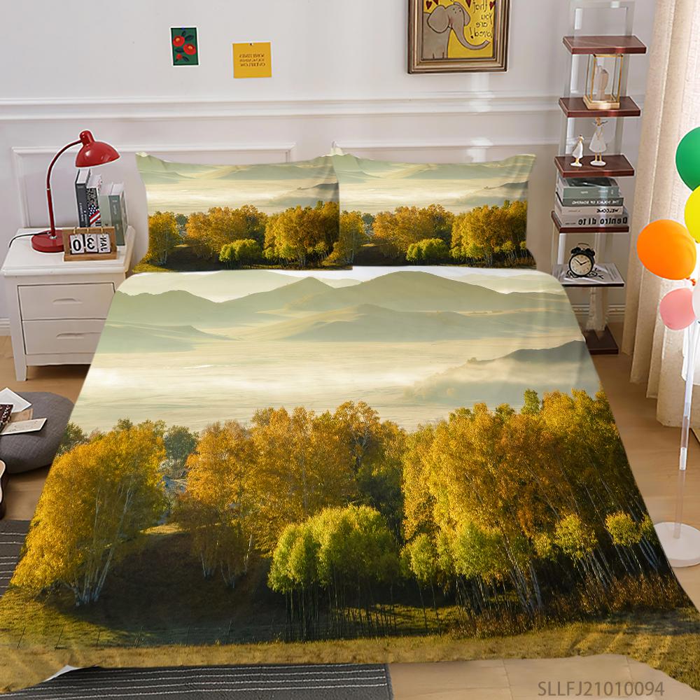 3D Forest Pattern Deluxe Home Bedding Set Full Size Quilt Cover and Pillowcase Landscape Print Washable and Comfortable Bedroom Bedding