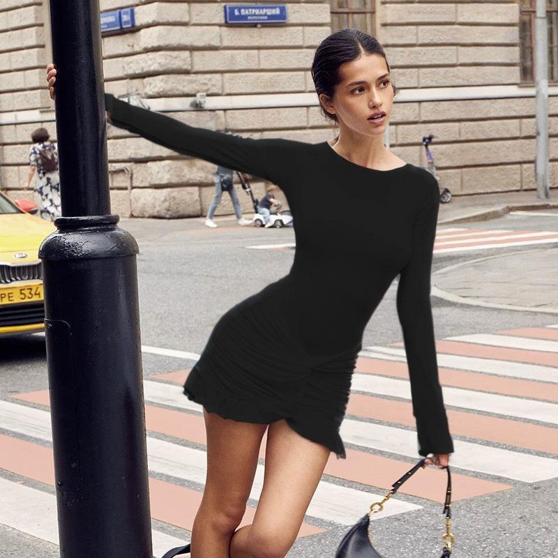 Женское платье-футляр с длинным рукавом, однотонное, с декоративным переплетением, облегающее, с запахом и ягодицами, осенний темперамент