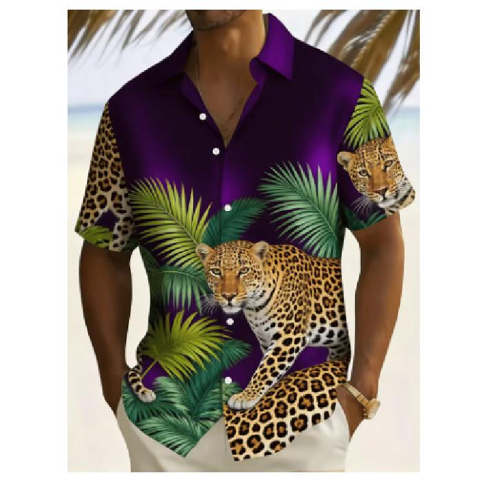 2026 Men's Casual Leopard and Palm Leaf Short Sleeve Hawaiian Style Beach and Everyday Shirt