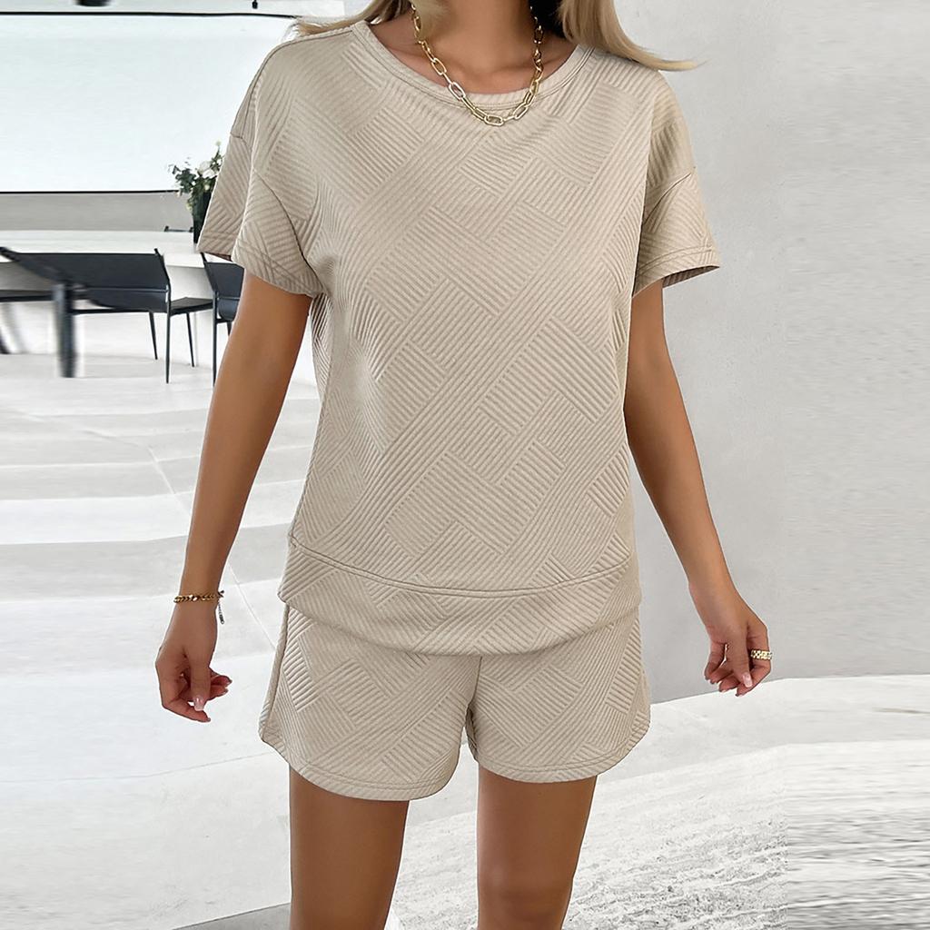 Женские летние однотонные топы и шорты с круглым вырезом, повседневный комплект из двух предметов