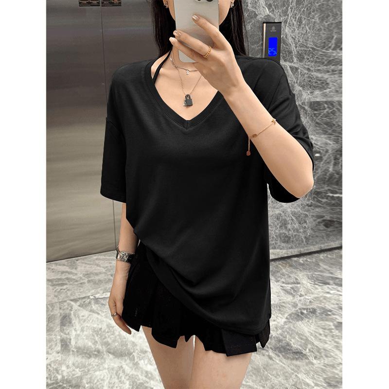Lazy boyfriend style loose deep V-neck half-sleeved T-shirt women's summer casual medium and long large version versatile solid color top tide