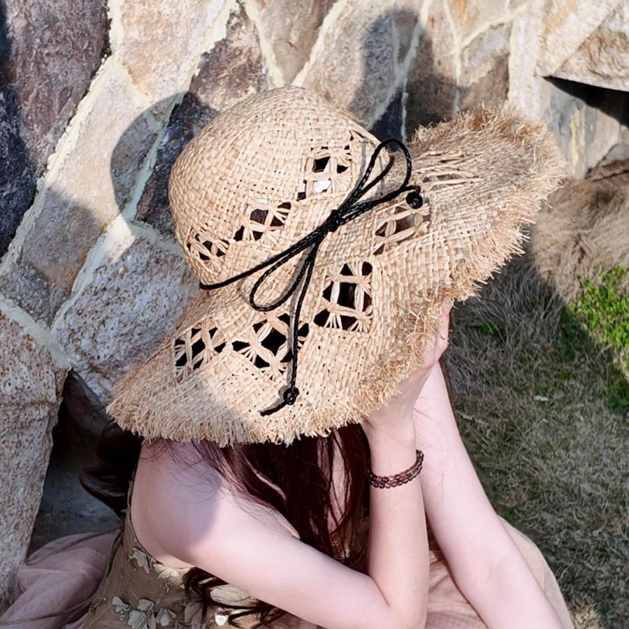 Summer ins wind straw hat women's beach hat Lafite straw hat hollow big brim sunshade sun hat