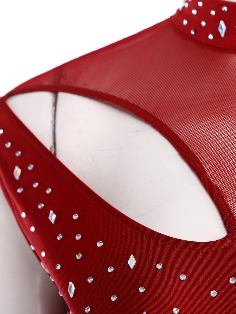 Women Asymmetrical Lyrical Dance Dress S-XXL - Mock Neck Cutout Sheer Mesh Patchwork Shiny Rhinestones Side Split Dancewear