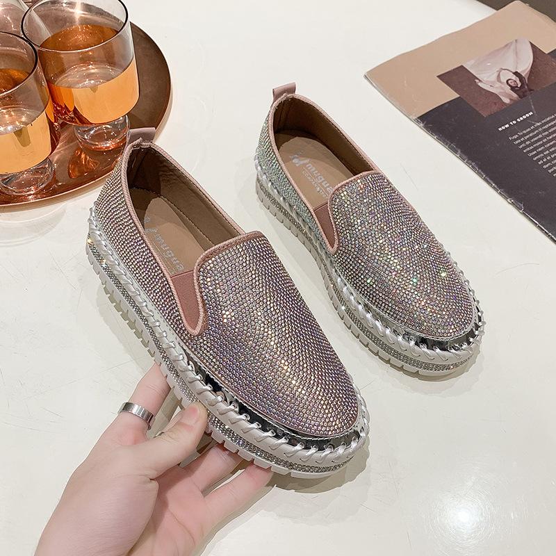 Весна 2025 года, новые повседневные туфли с одной педалью, толстая подошва, круглые туфли, женские мокасины со стразами, одинарные туфли, большой размер
