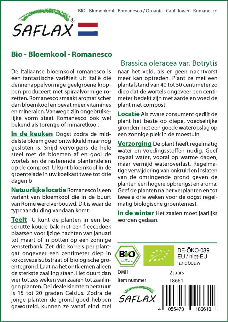 SAFLAX Garden in the Bag - Органический - Цветная капуста - Романеско - 50 семян - С субстратом в подходящем пакете - Brassica oleracea