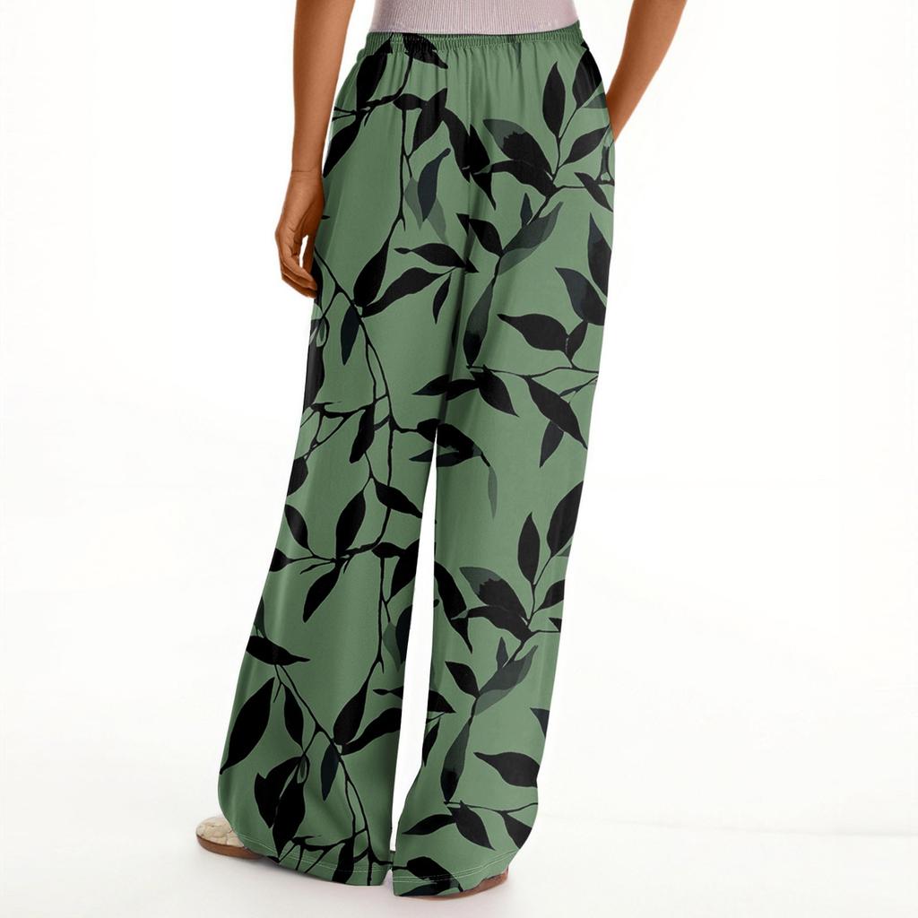 Women's Loose Casual Floral Print Wide Leg Pants With Elastic Waist Drawstring And Pocket Pants