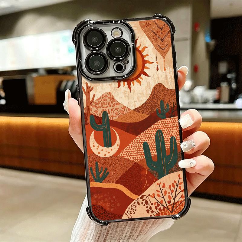 Cactus Pattern Plating Phone Case For Iphone 16 17 Pro Max Air 16E 14 15 Plus 12 13 Mini Anti-Fall Airabag Cover