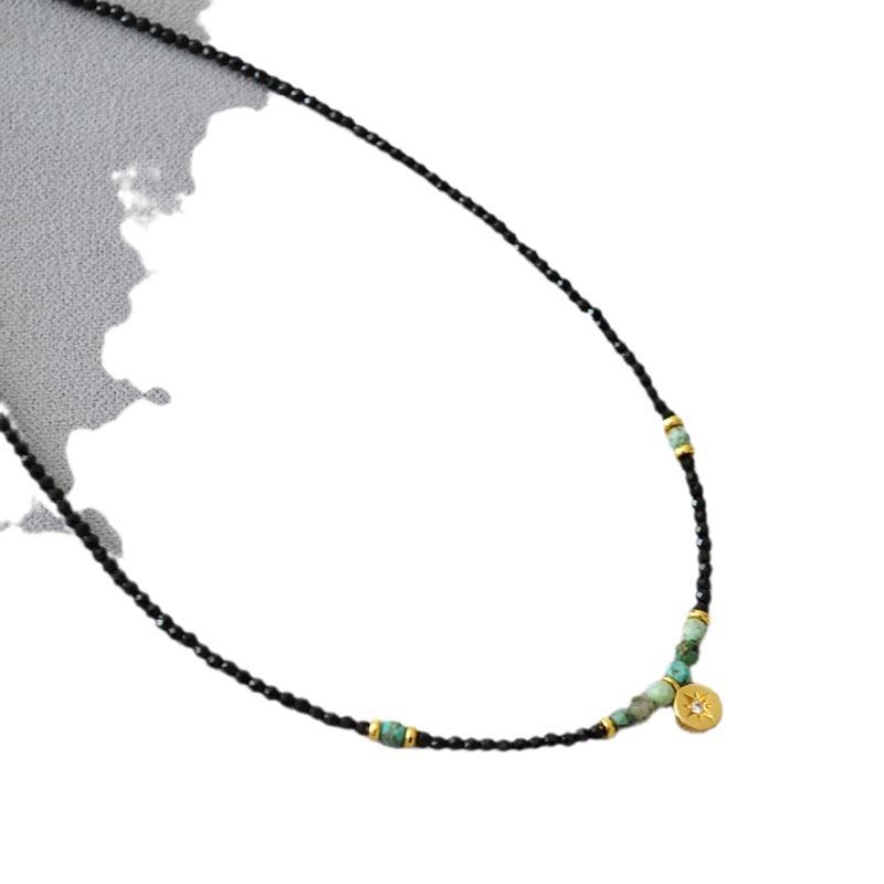 Французский нишевый дизайн, простое ретро литературное черное шпинельное бирюзовое круглое фирменное ожерелье со звездой на ключицу, цепочка для женщин