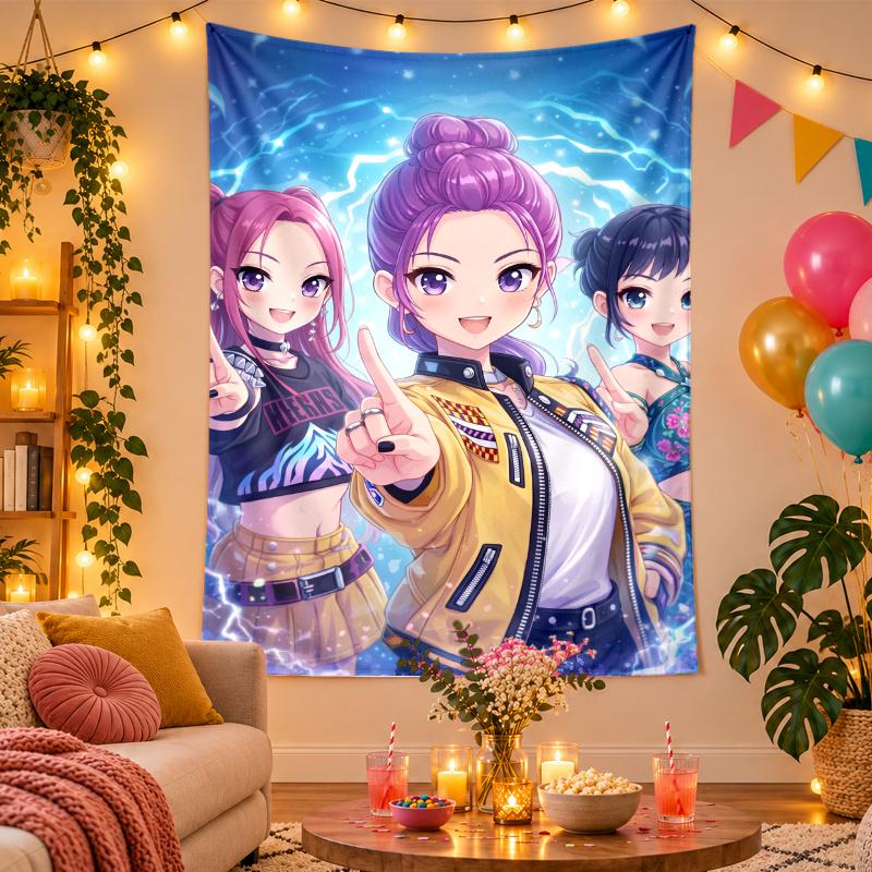 Полиэстеристый настенный гобелен с дизайном Охотники на демонов K-Pop, Декоративное панно для спальни, гостиной, общежития