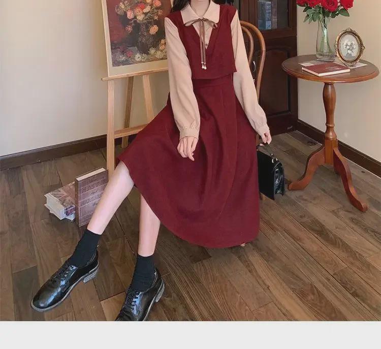 Платье большого размера с высокой талией, многослойное, из двух частей, с эффектом осеннего корейского стиля в колледже