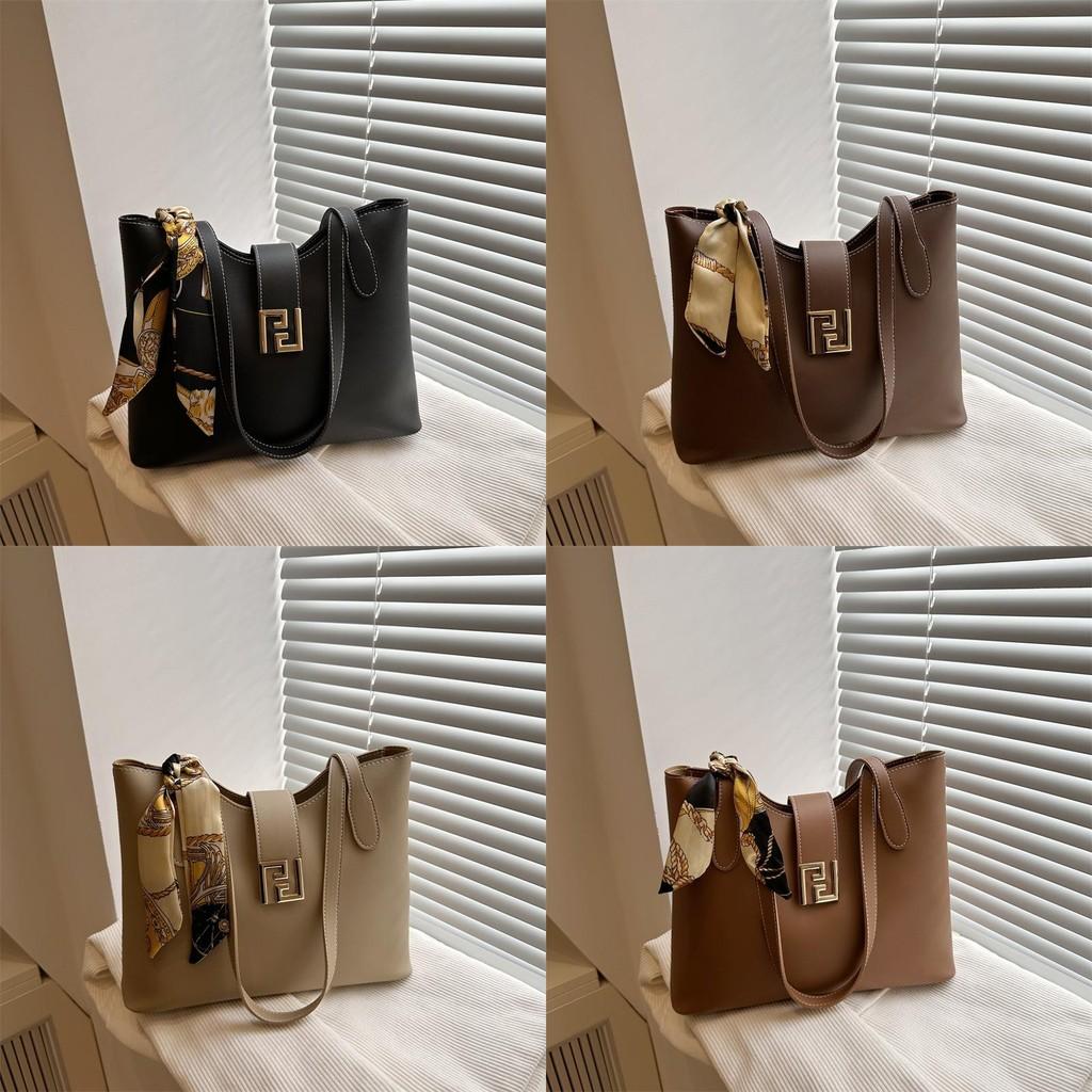 Simple Capacity Large Shoulder Bag With Solid Color Design And Decoration Scarf