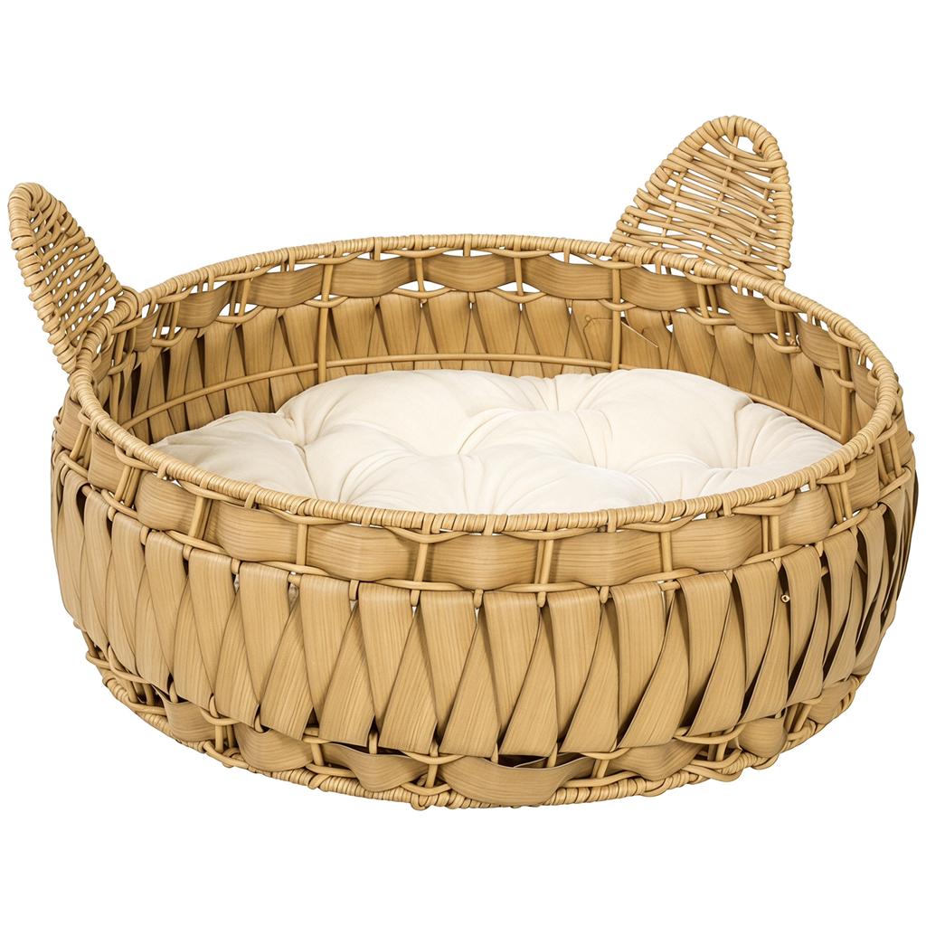 Cat Bed Rattan Cat Cave with Removable Cushion, Cat Basket for Cats up to 10 kg, 50 x 50 x 25 cm, Light Brown