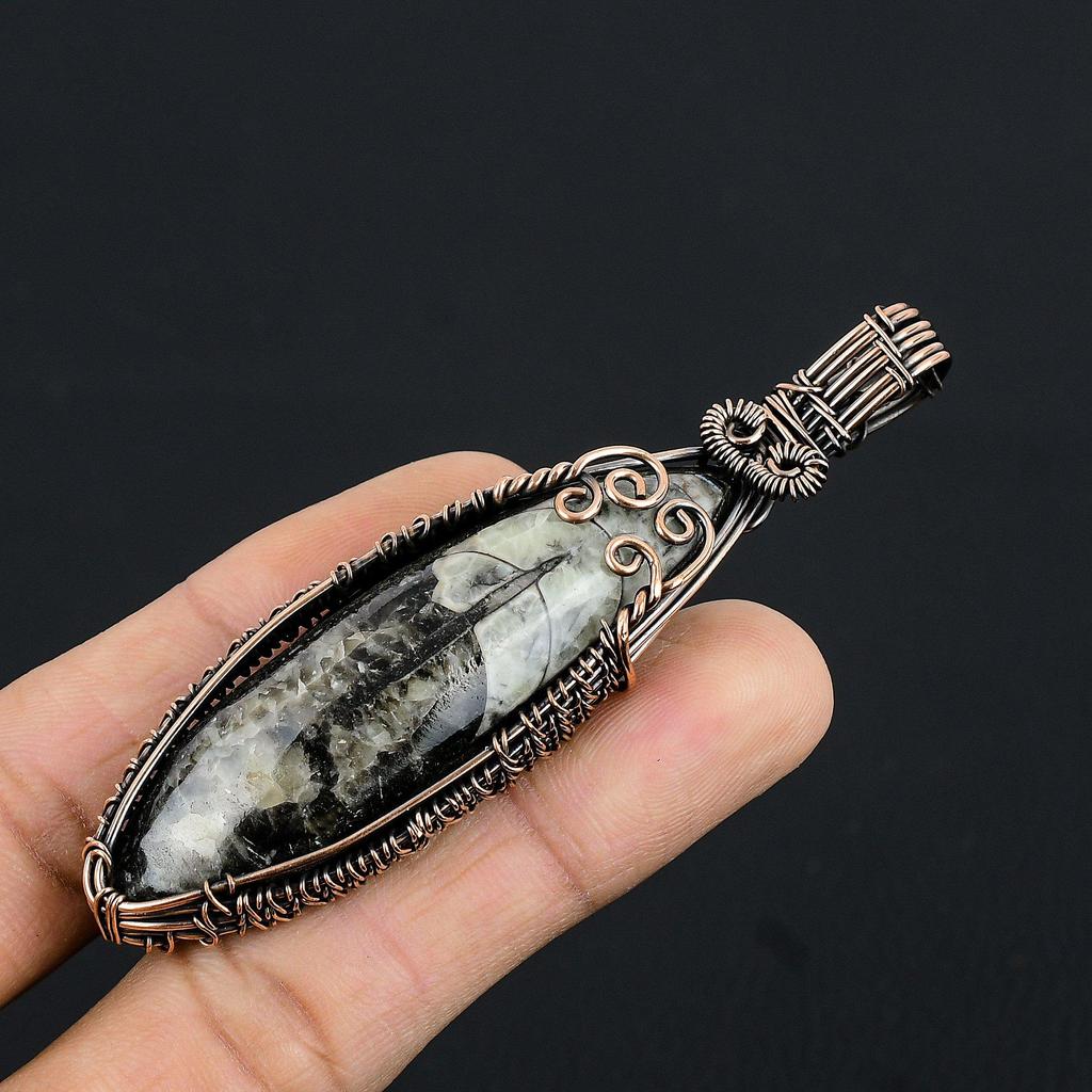 Orthoceras Fossil Jewelry, 999 Copper Wire Wrapped Pendant Handmade Gemstone Jewelry, Gifts For Wedding Pendant