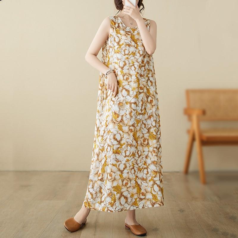 Новое винтажное платье с цветочным принтом без рукавов больших размеров для женщин, повседневное свободное длинное летнее платье
