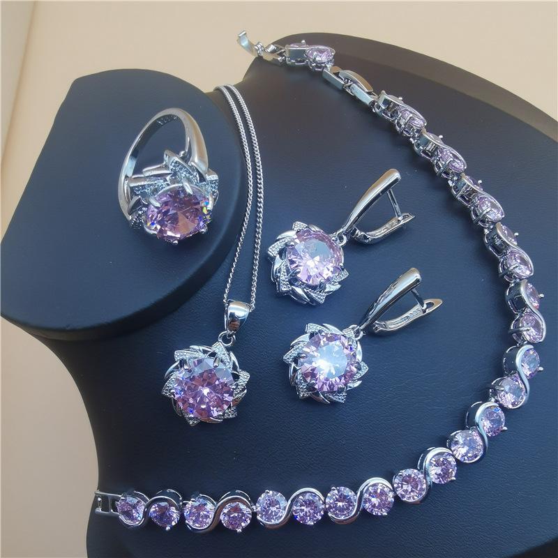 Комплекты украшений из натурального циркона, серебро 925 пробы, женские свадебные украшения, серьги, браслеты, кольца, комплект с подвеской и ожерельем