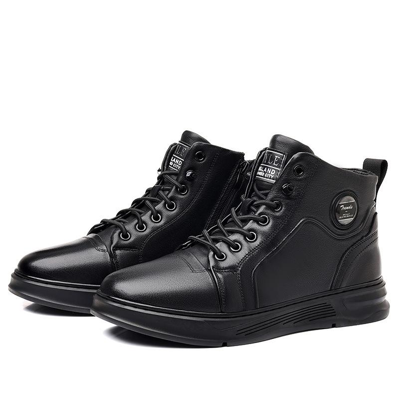 High-top Men's Shoes, Winter Men's Versatile Trend, Leather Fleece Casual Board Shoes, Men's Workwear Style Boots, Men's Black
