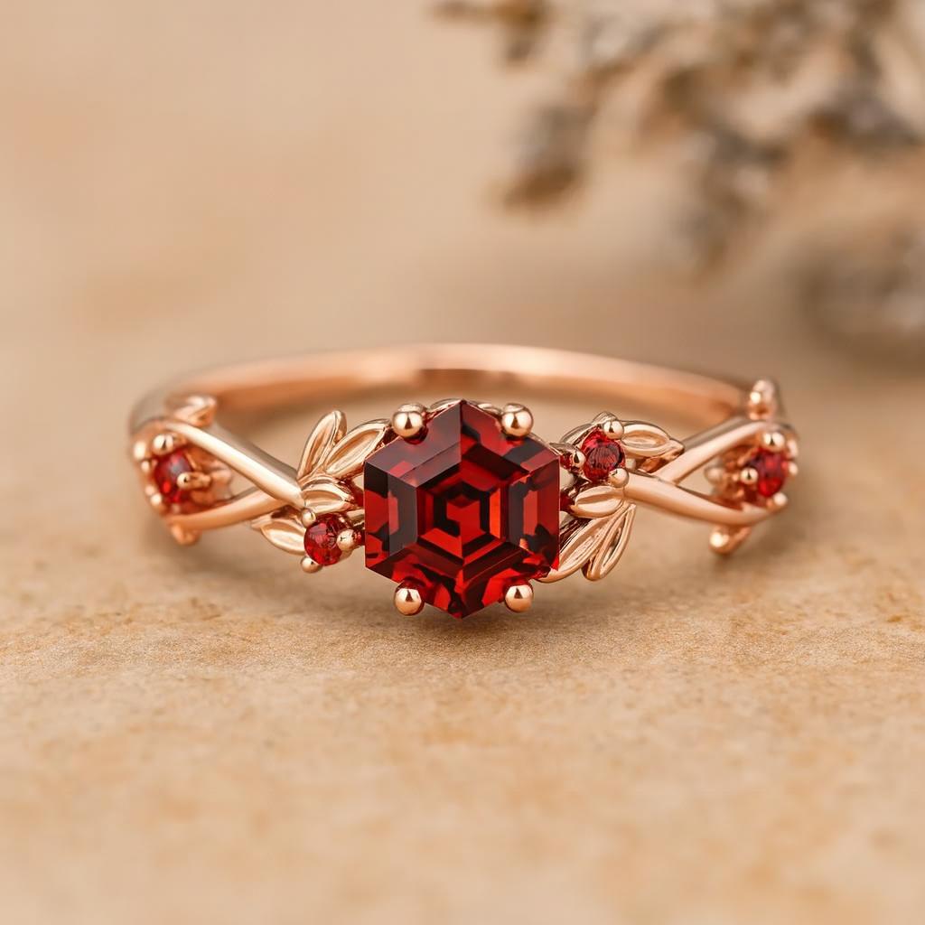 Hexagon Red Garnet CZ Ring, Rose Gold Plated Silver, Leaf Design Vintage Garnet Inspired Engagement Ring for Women