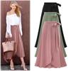 Women's Solid Color Wrap Front Self Tie Knot Ruffle Hem Split Skirt Long Boho Skirts Casual High Elastic Waist Below Knee Skirt for Party Holiday