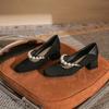 Temperament Square Head Light Mouth Thick Heel Women's Single Shoes New Pearl Belt Mary Jane Fashion Comfortable Women's Shoes