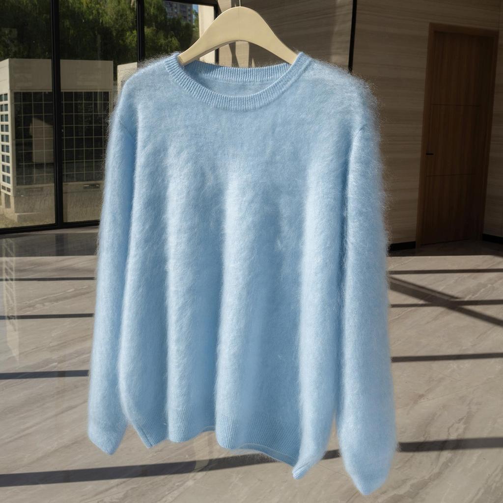 Women's 100% Pure Goat Cashmere Flocked Round Neck Sweater - Long Sleeve Solid Color Pullover