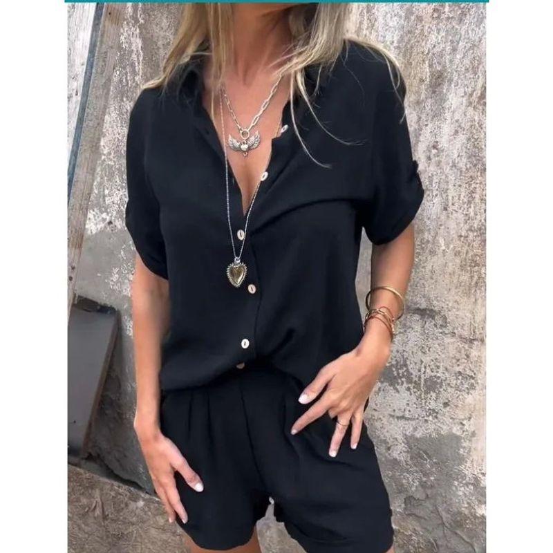 Collar Shirt Solid Color Shorts Set Lapel Shirt Pure Color Casual Shorts Suit