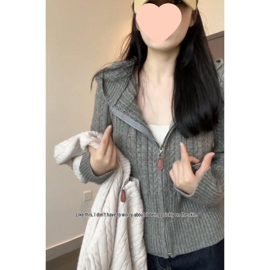Women's Gray Cable Knit Zip-Up Hoodie Cardigan - Petite Short Sweater Coat for Spring/Autumn