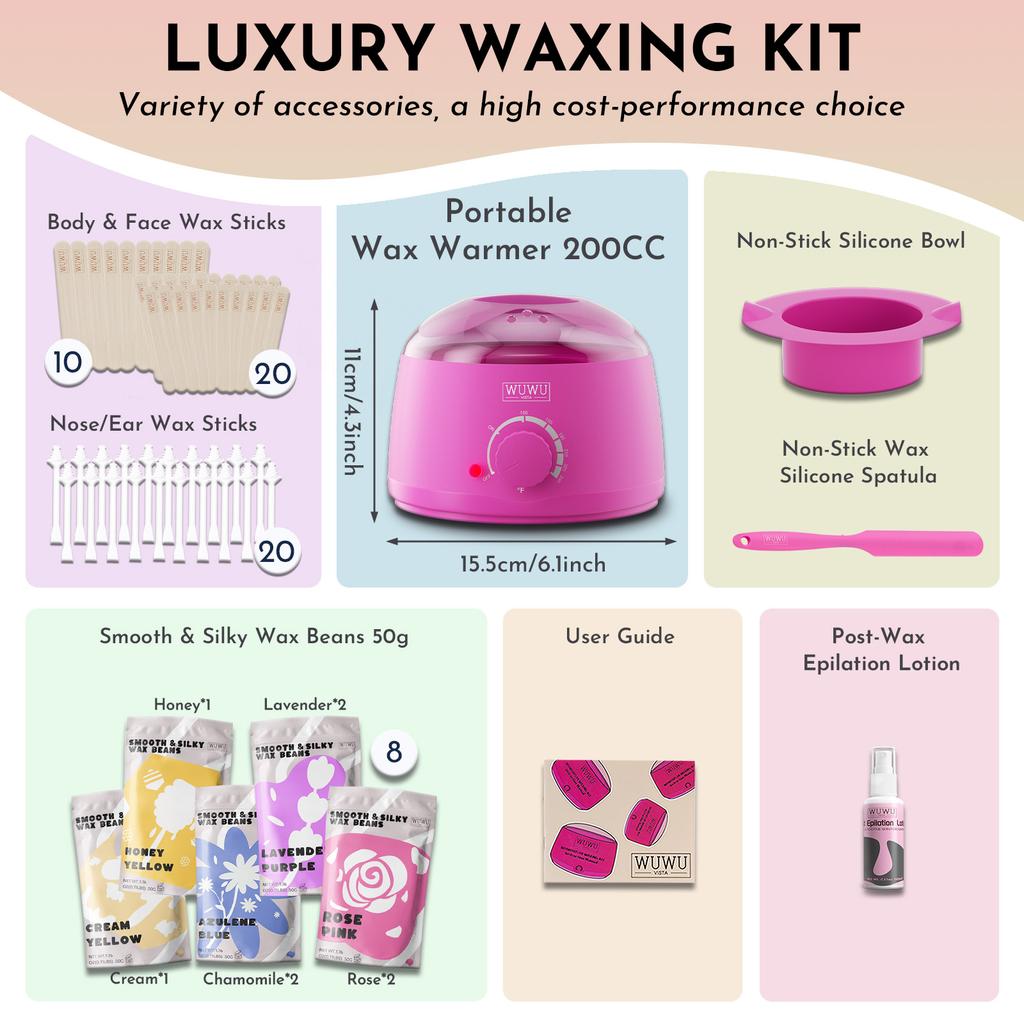 Wuwuvista Набор для депиляции воском 63 шт., идеальный подарочный набор - твердый воск для удаления волос с подогревателем для воска, восковые шарики для депиляции лица/бразильской эпиляции/всего тела/бикини/чувствительной кожи