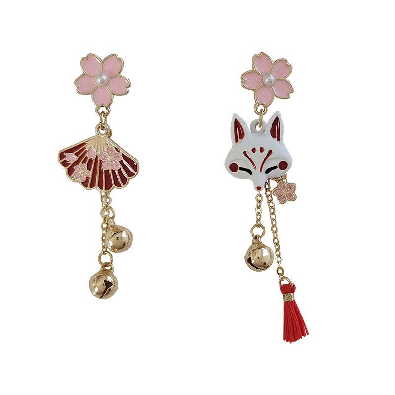 Chinese Fox Mask Folding Fan Asymmetrical Long Tassel Earrings For Women Girls Cherry Blossom Ear Hook Christmas Jewelry