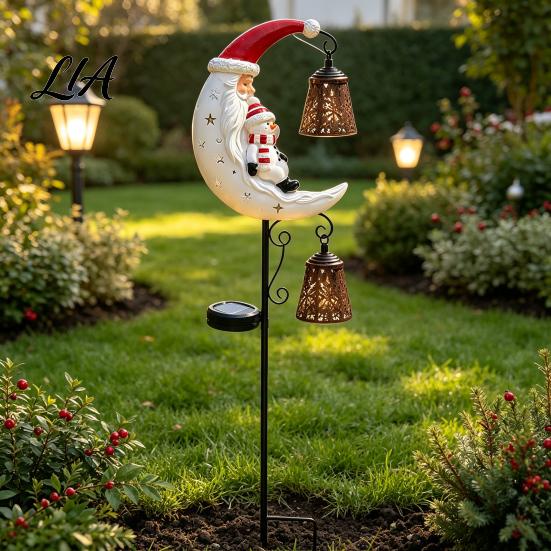 Solar Garden Stake Lights Christmas Light, 3D Resin Santa Snowman Statue Yard Holiday Theme Art Stakes Crescent Moon LED Pathway Light for