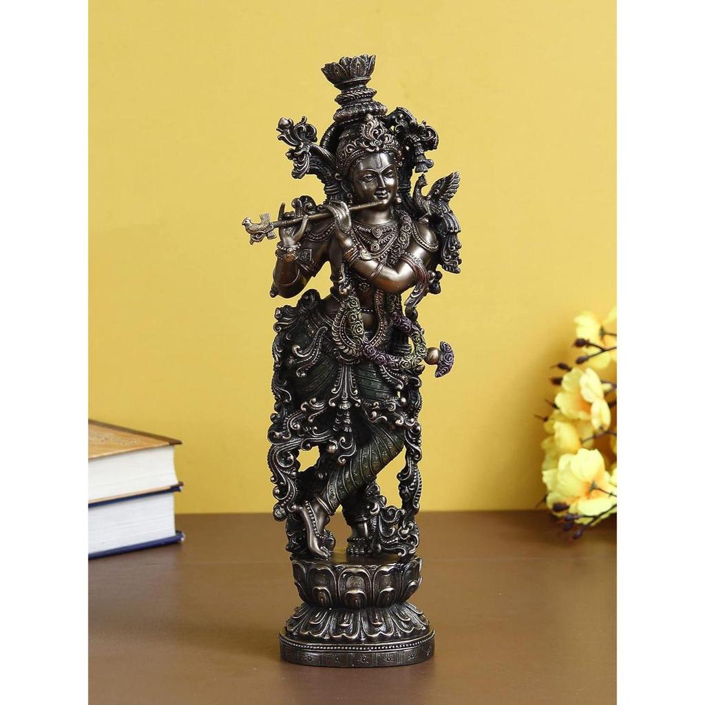 Handcrafted Polyresin Bronze Finish Lord Krishna Idol Playing Flute & Standing On Lotus Flower Statue For Pooja Room, Home, Living Room, Office Decor