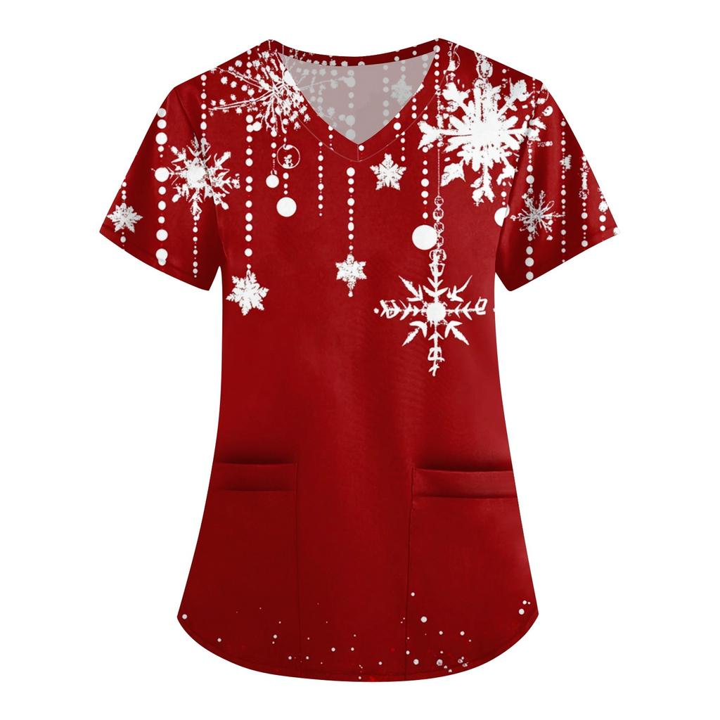 Women's Cute Printed Work Clothes V-neck Double Layer Pockets Basic Short Sleeve Top Pullover Christmas