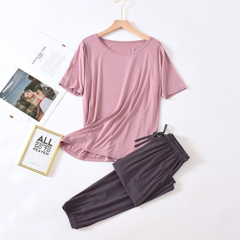 Весенне-летняя женская модальная пижама из двух частей с короткими рукавами и брюками, цветной повседневный комплект домашней одежды большого размера