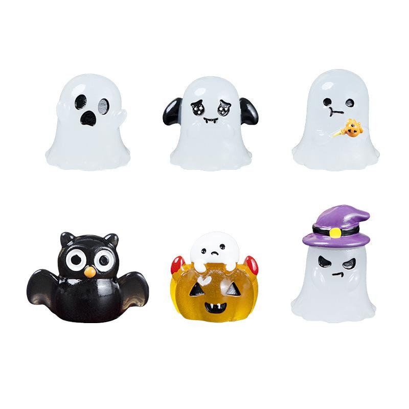 6pcs Luminous Miniature Halloween Cartoon Pumpkin Ghost Figurines Micro Landscape Ornaments Home Office Desk Room Decorations