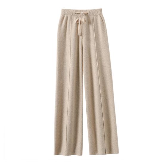 Women Long Pants Elastic High Waist Wide-Leg Knitted Pants with Pockets Solid Color Autumn Winter Warm Trousers