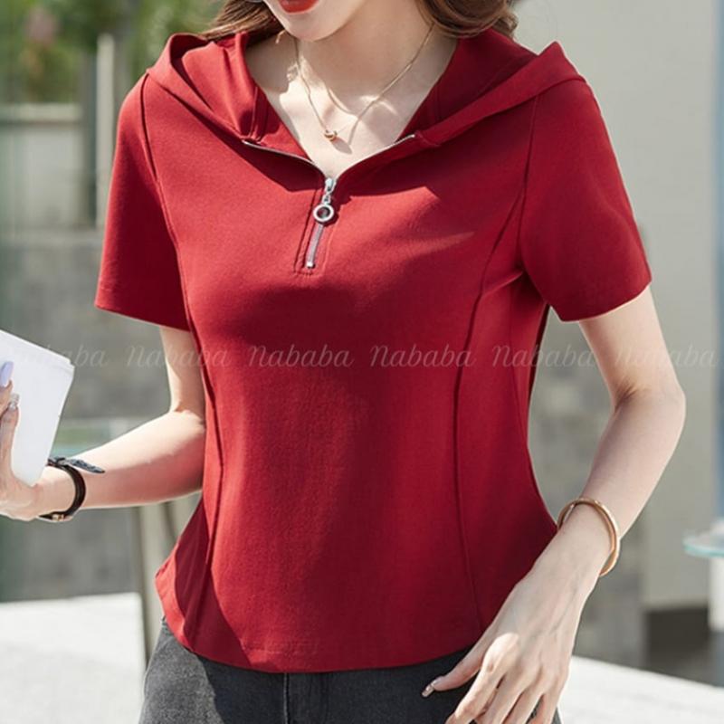 Navava Men Simple Casual Zip PoinT Hood ShorT Sleeve T shirT nT2382
