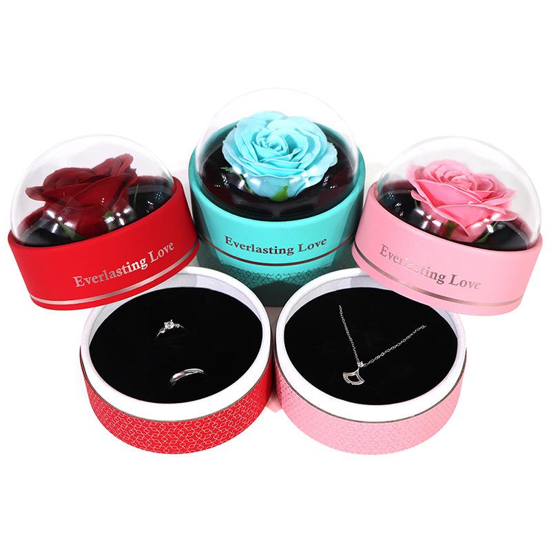 Valentine's Day Circular Jewelry Box Romantic Plastic Birthday Party Rose Decorative Eternal Flower Unique Gift Accessories