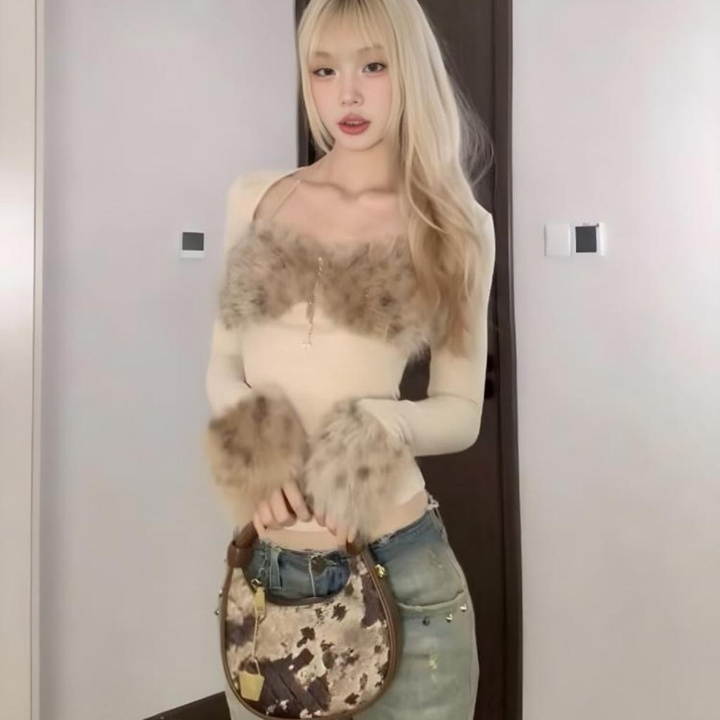 Женский модный топ на одно плечо с длинным рукавом, меховым воротником и принтом