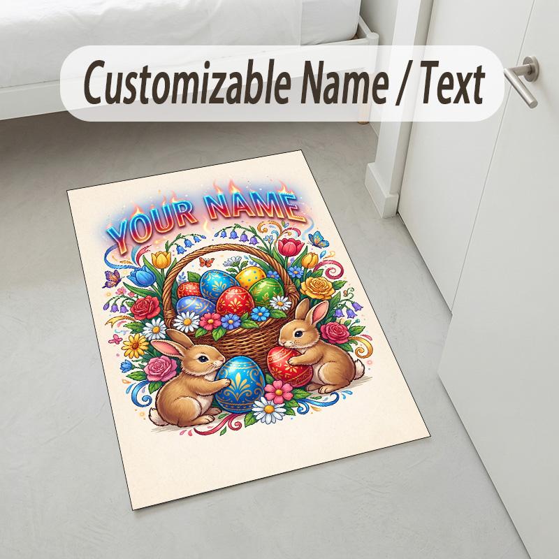 Easter Bunny Theme Crystal Velvet Rug Personalized Custom Name Text Soft Floor Mat Home Decor