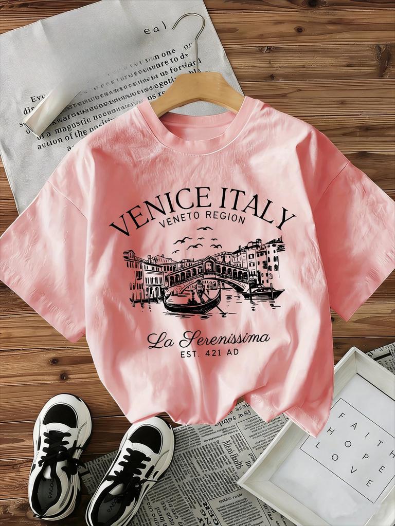 Vintage Tshirt Unisexs Y2k Style Tshirt Graphic Italian Venice Printed Short Sleeve Crew Neck Top Shirt Casual