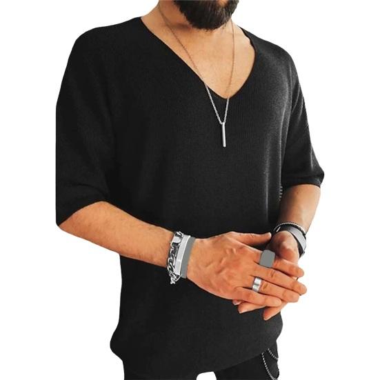 Летняя мужская футболка трикотажная с v-образным вырезом и половиной рукавов, однотонный свободный пуловер, эластичный повседневный спортивный топ средней длины, трикотаж