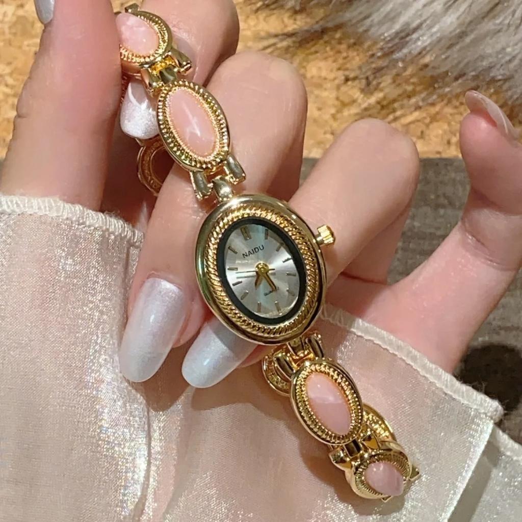 Модные Универсальные Овальные Женские Кварцевые Часы с Натуральным Камнем Высокого Качества Золотые Кварцевые Часы Женские Продвинутые Цепочные Наручные Часы