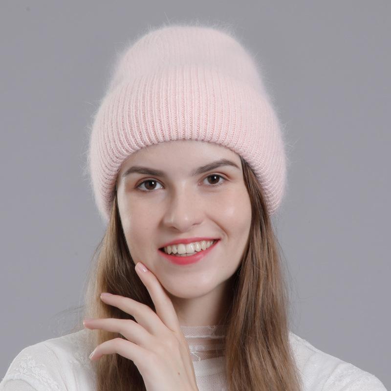 Women Autumn Winter Versatile Rabbit Hair Warm Knitted Wool Solid Color Pullover Hat