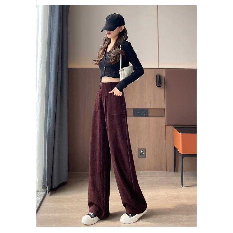 Модные красные вельветовые брюки с высокой талией, широкие брюки, повседневные свободные прямые брюки для женщин